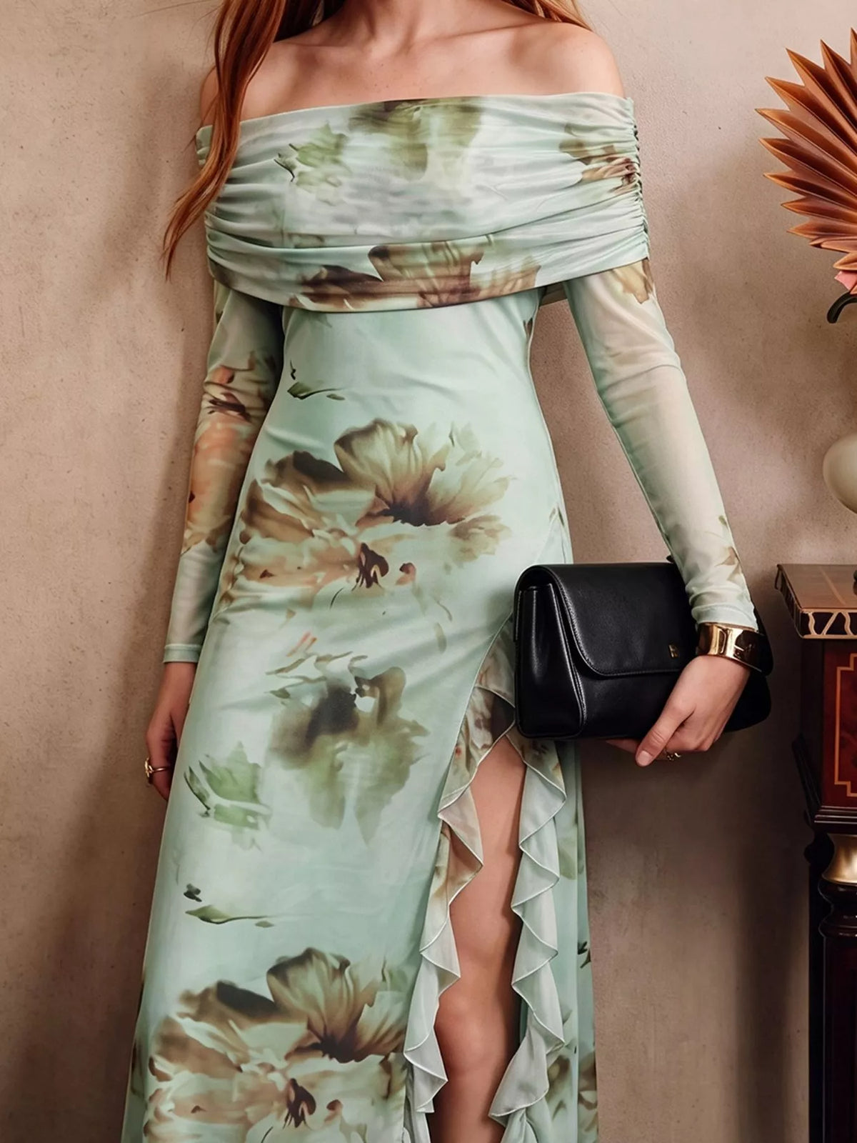 Ruffled Off-Shoulder Maxi Dress in Floral