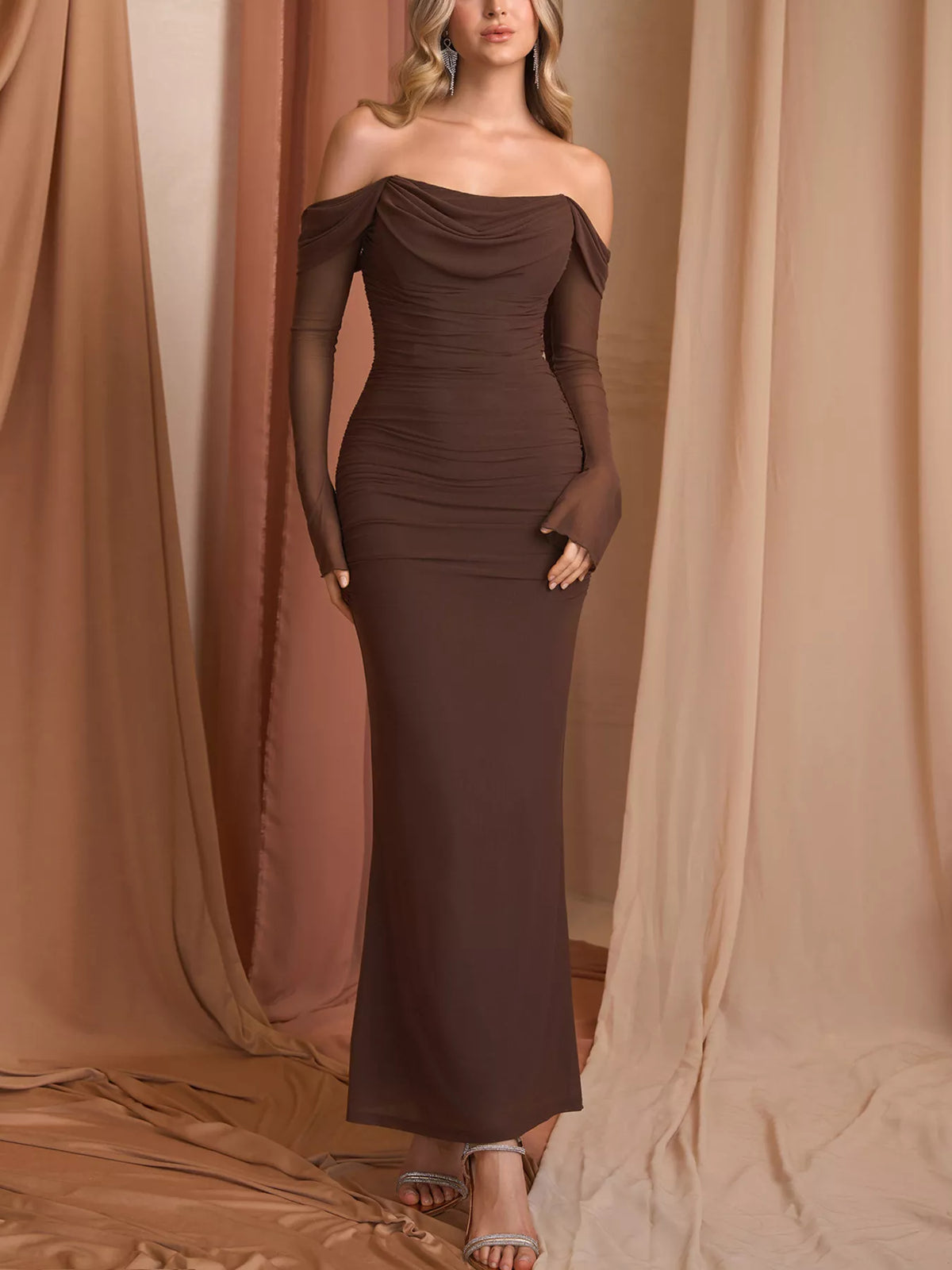 Off-Shoulder Ruched Mermaid Maxi Dress