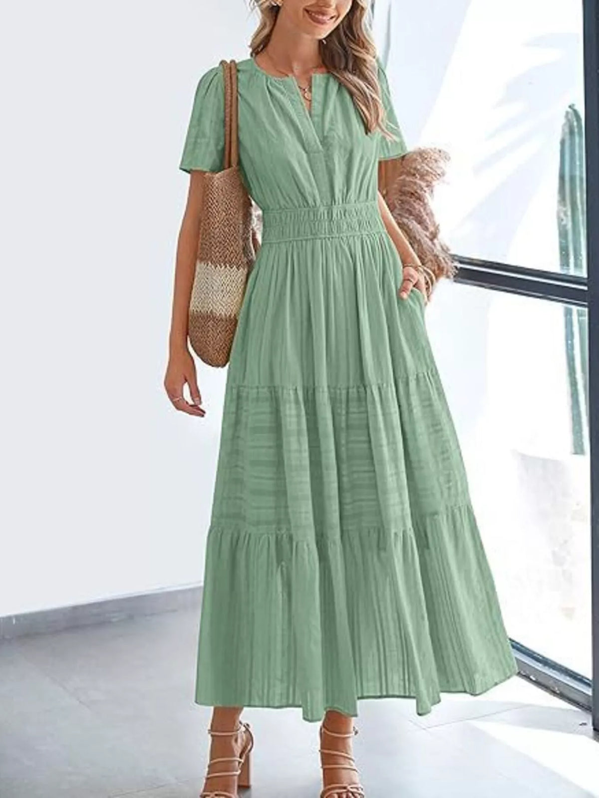 Short Sleeve Tiered Midi Dress with Pockets