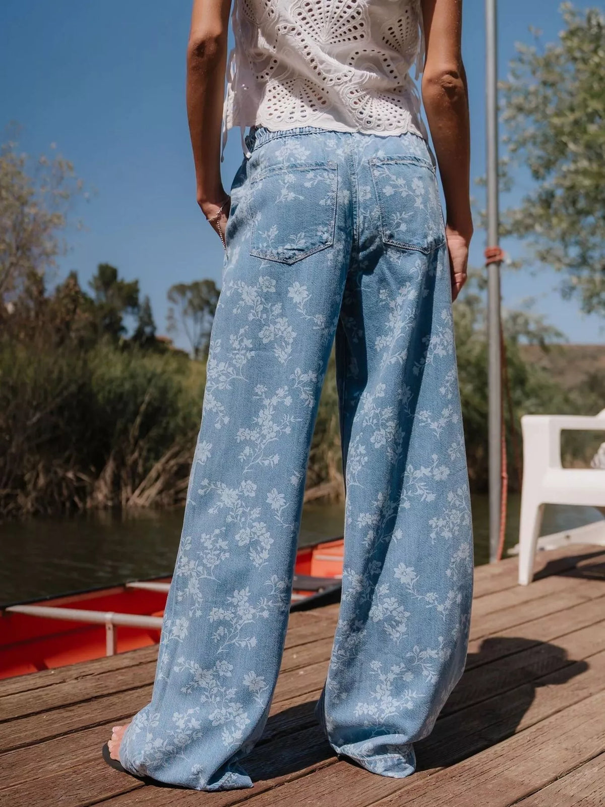 Drawstring Floral Wide-Leg Jeans in Blue