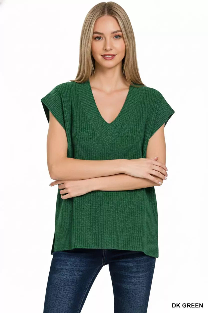 Zenana Ribbed Slit V-Neck Sweater Vest in Dark Green in Dk green