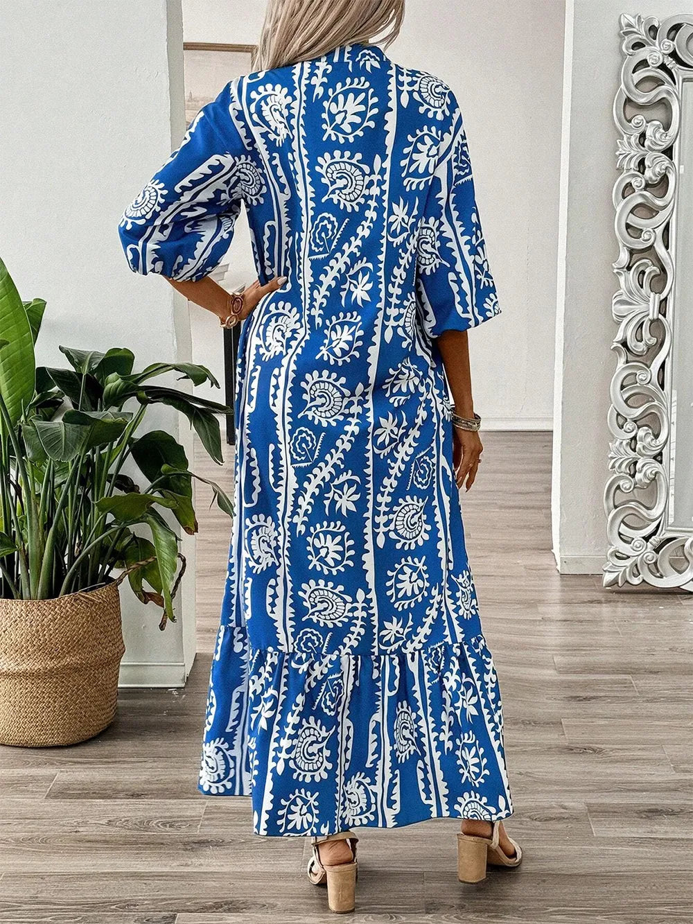 Notched Half Sleeve Maxi Dress in Blue