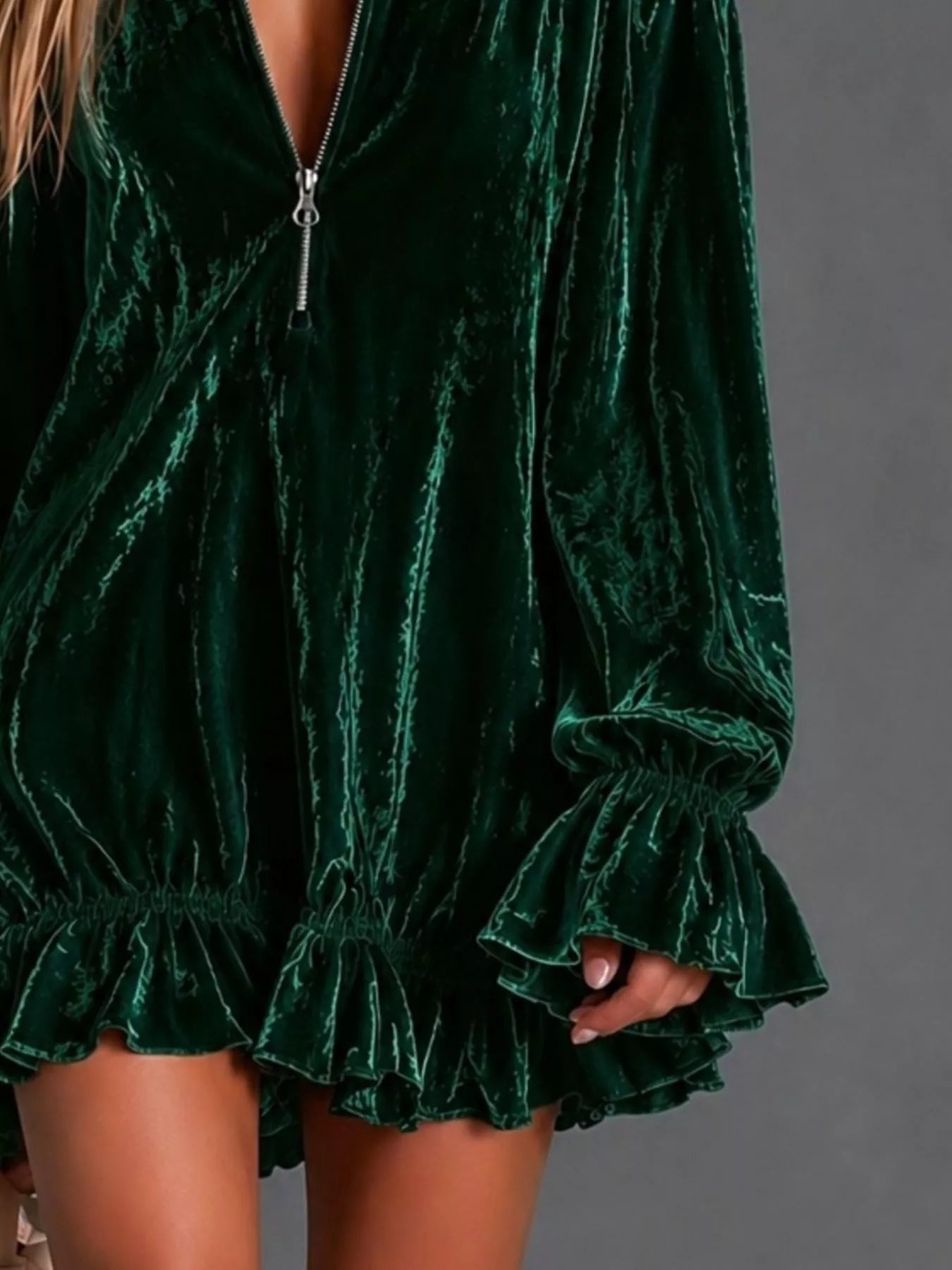 Zip-Front Ruffle-Hem Mini Dress