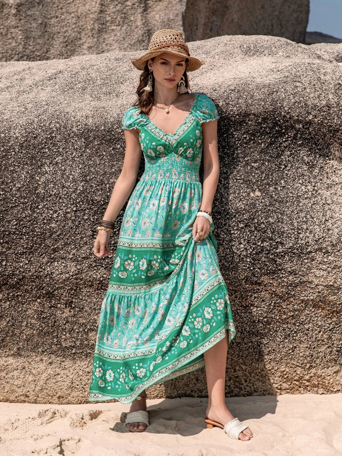 Smocked V-Neck Dress in Green