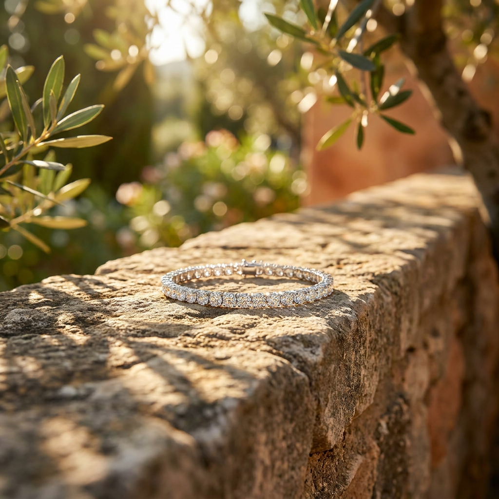 ilussa moissanite bracelet on Mediterranean stone wall