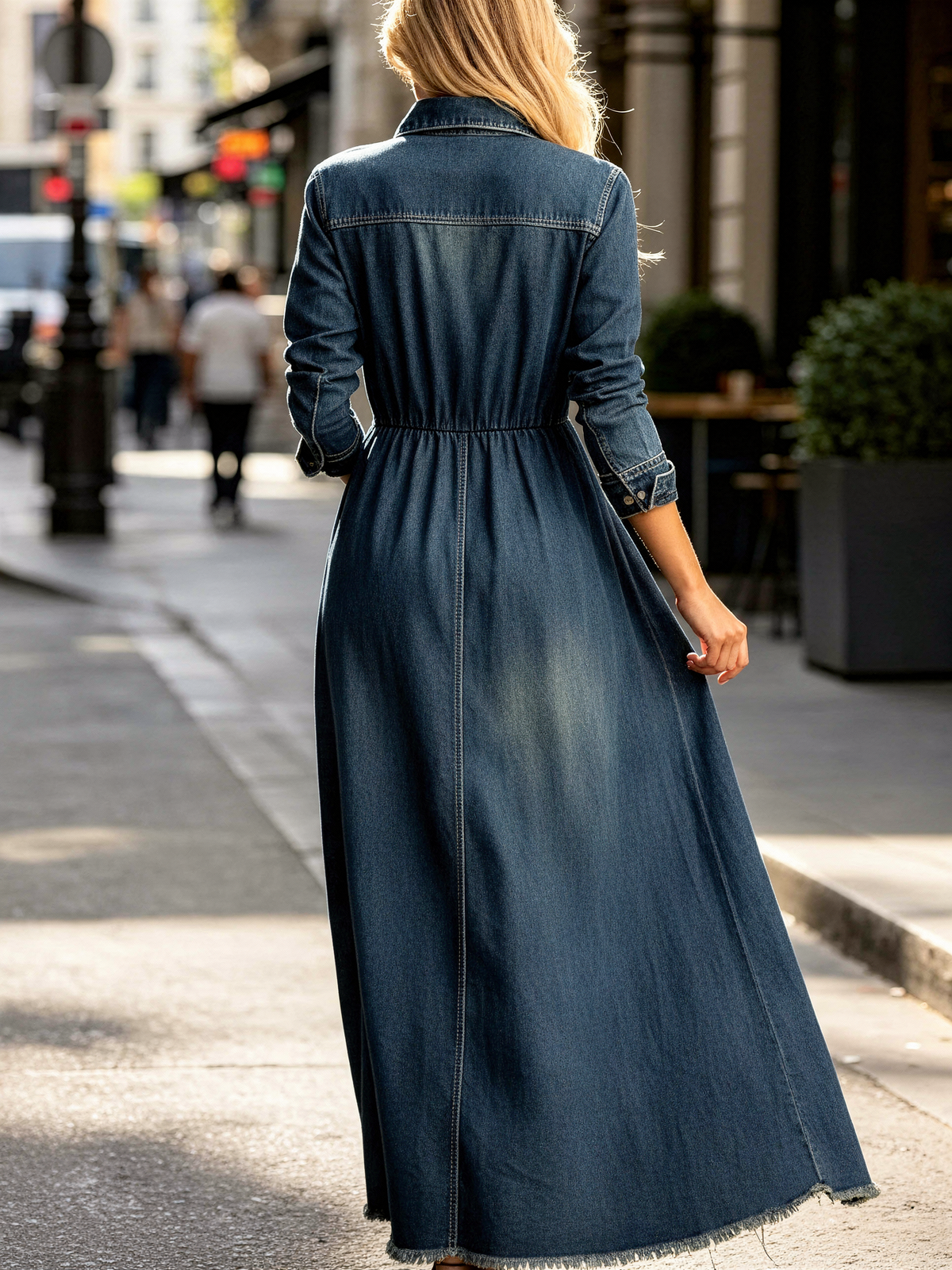 Raw Hem Denim Maxi Dress in Dark Blue — back view