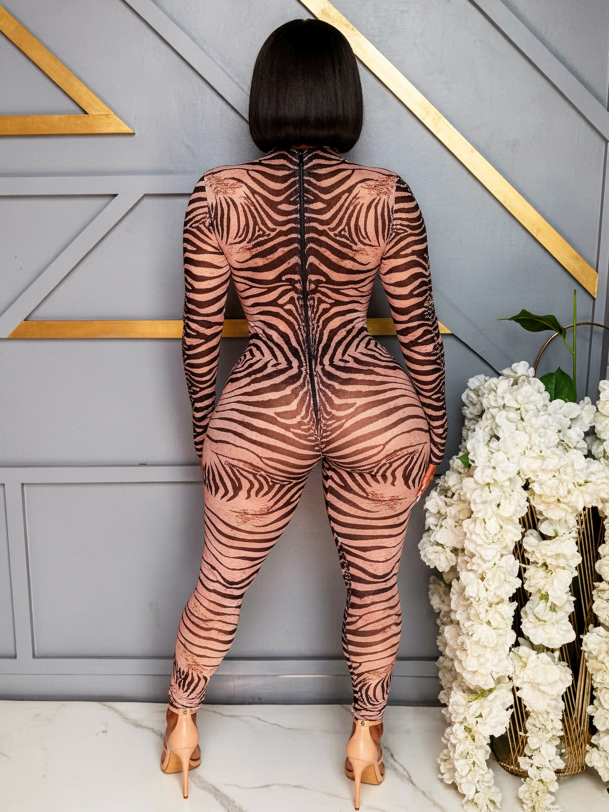 Zebra Print Bodycon Jumpsuit — back view