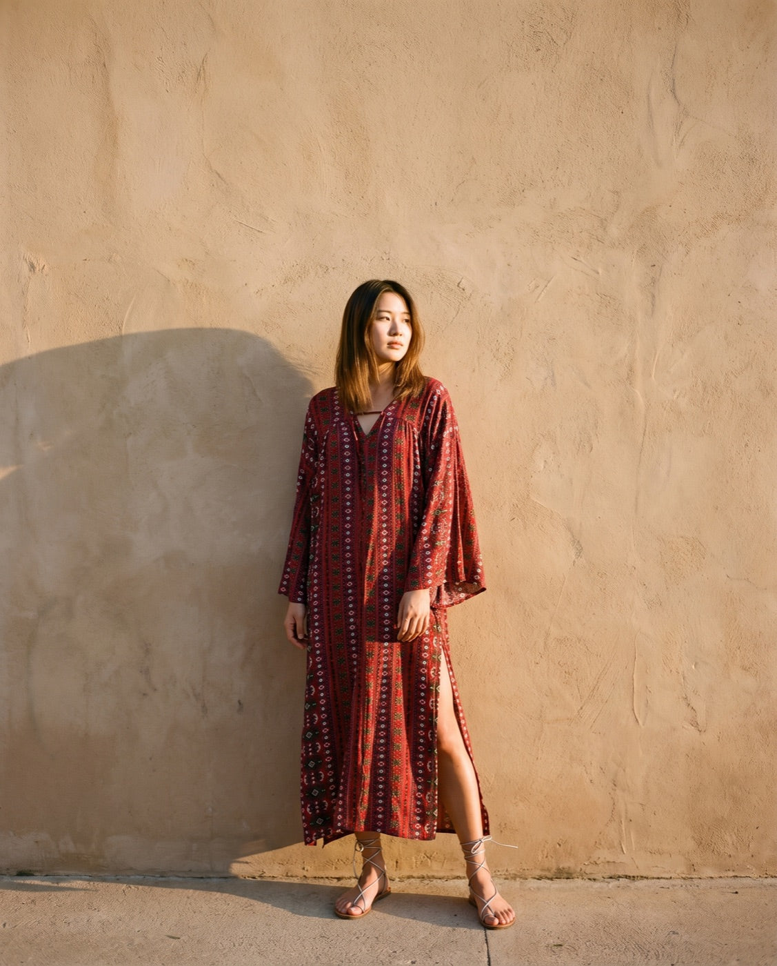 Red print midi with a side slit