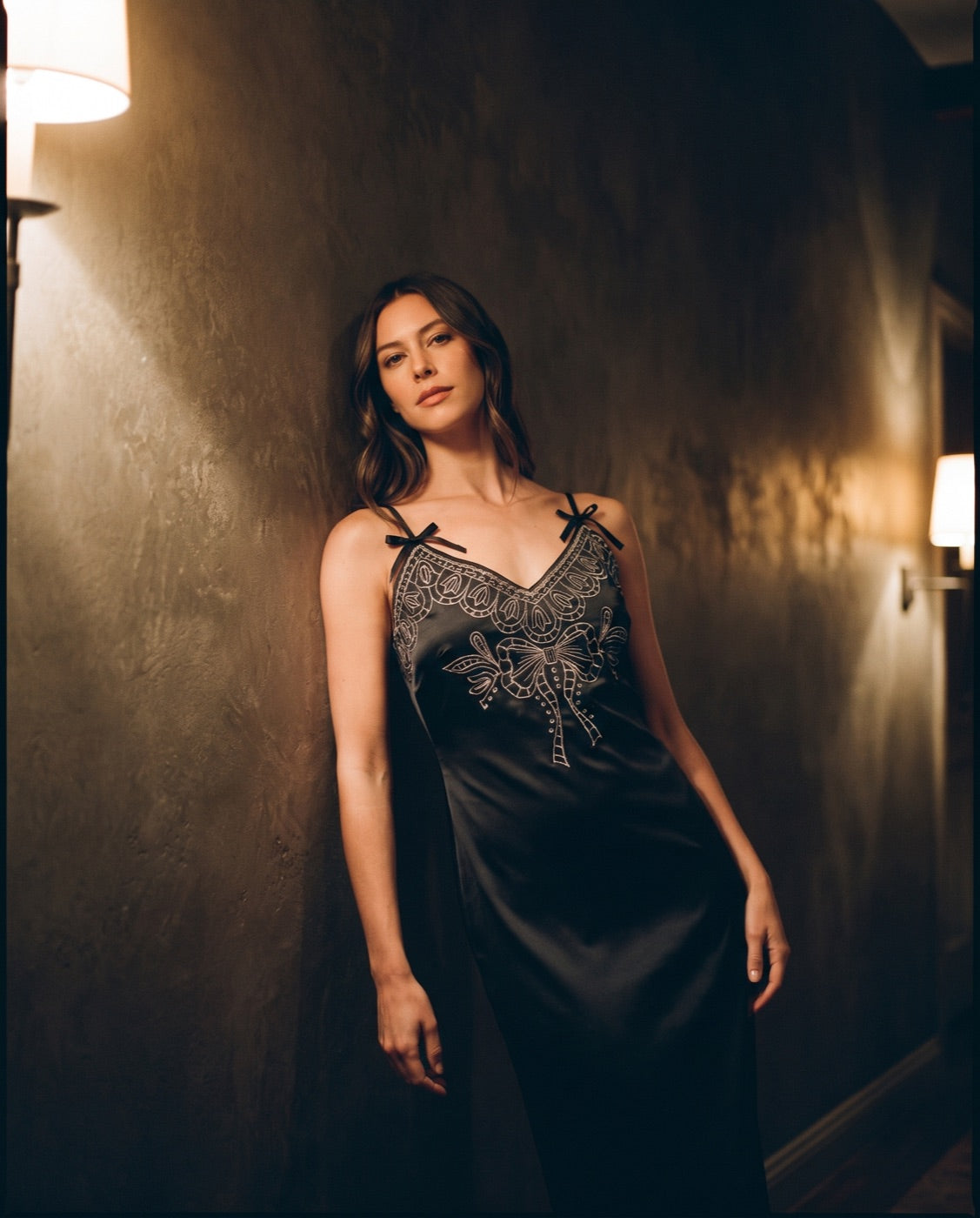 Embroidered satin slip in black