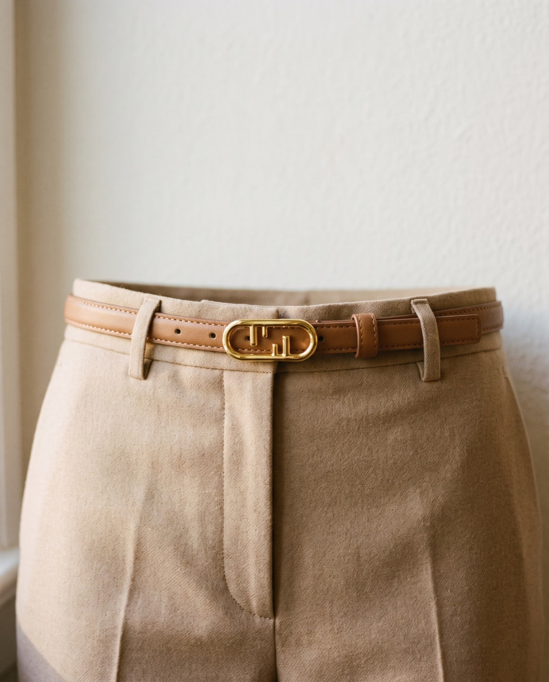 Buckle Skinny Leather Belt — Caramel A