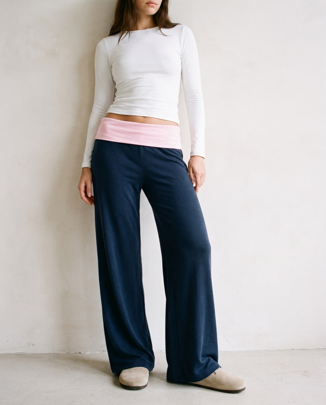 Contrast Wide Leg Pants in Navy