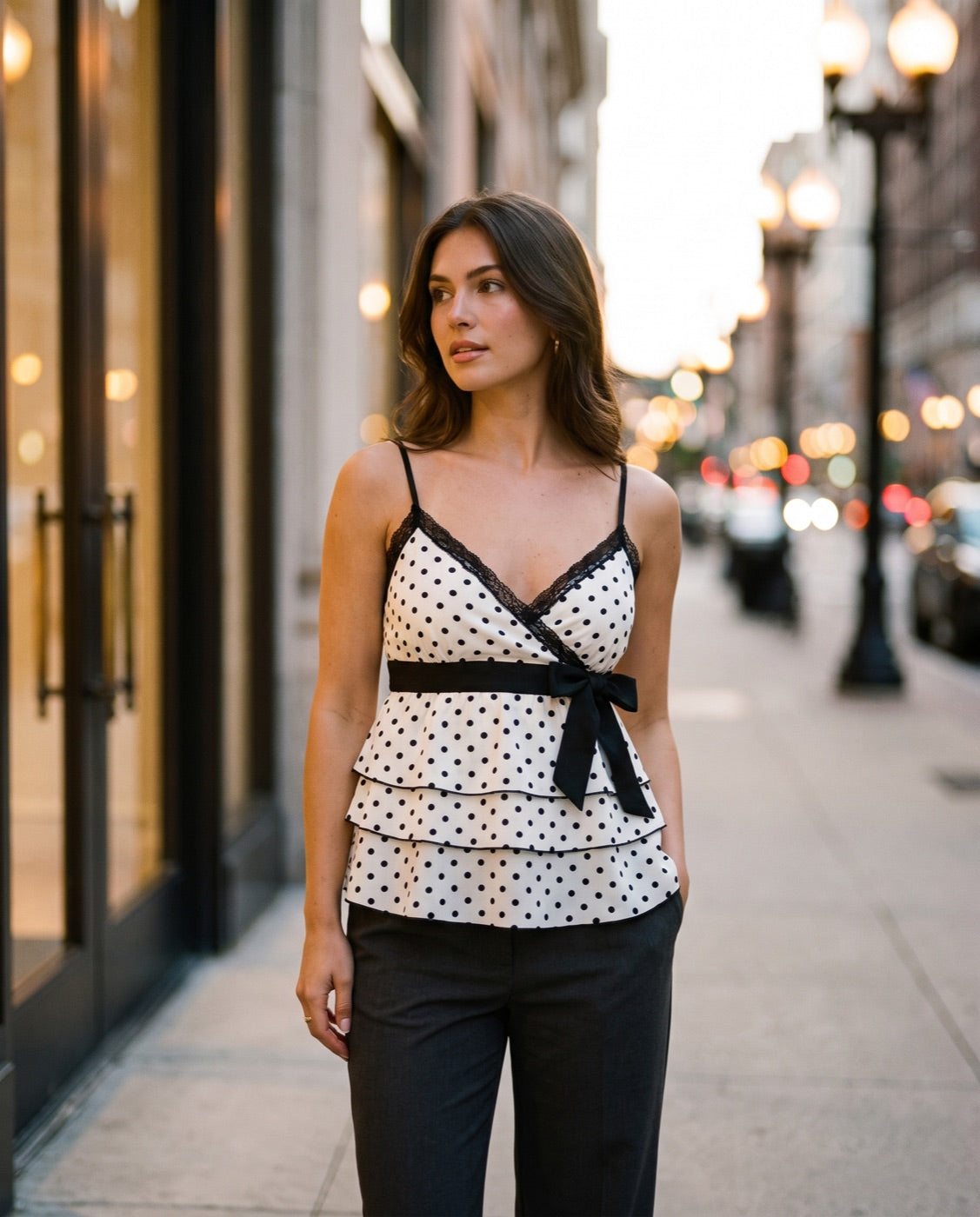 Polka Dot Ruffle Hem Cami with Lace Trim in Black