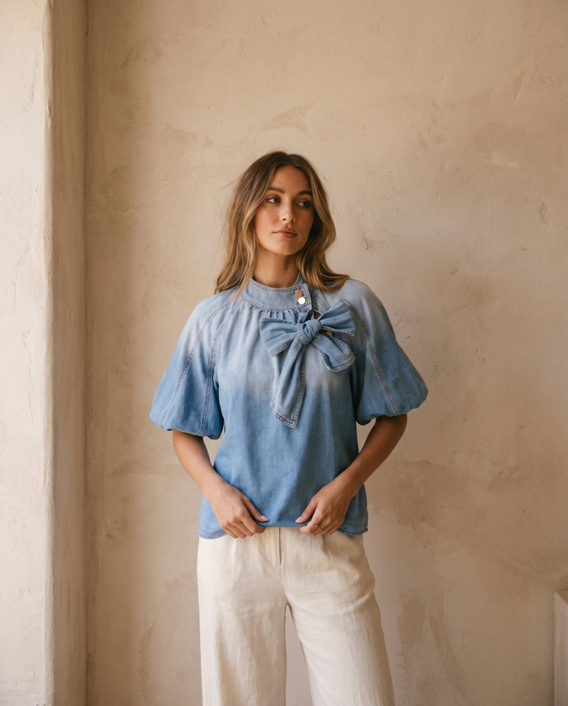 Bow Accent Puff Sleeve Denim Top