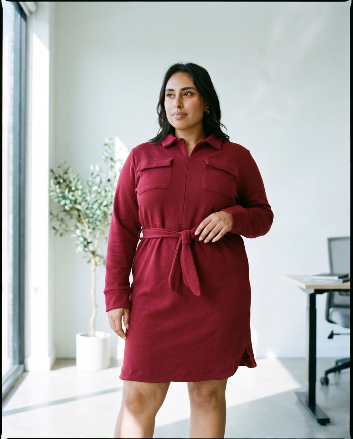 Culture Code Tie Front Half Zip Shirt Dress in Bu...