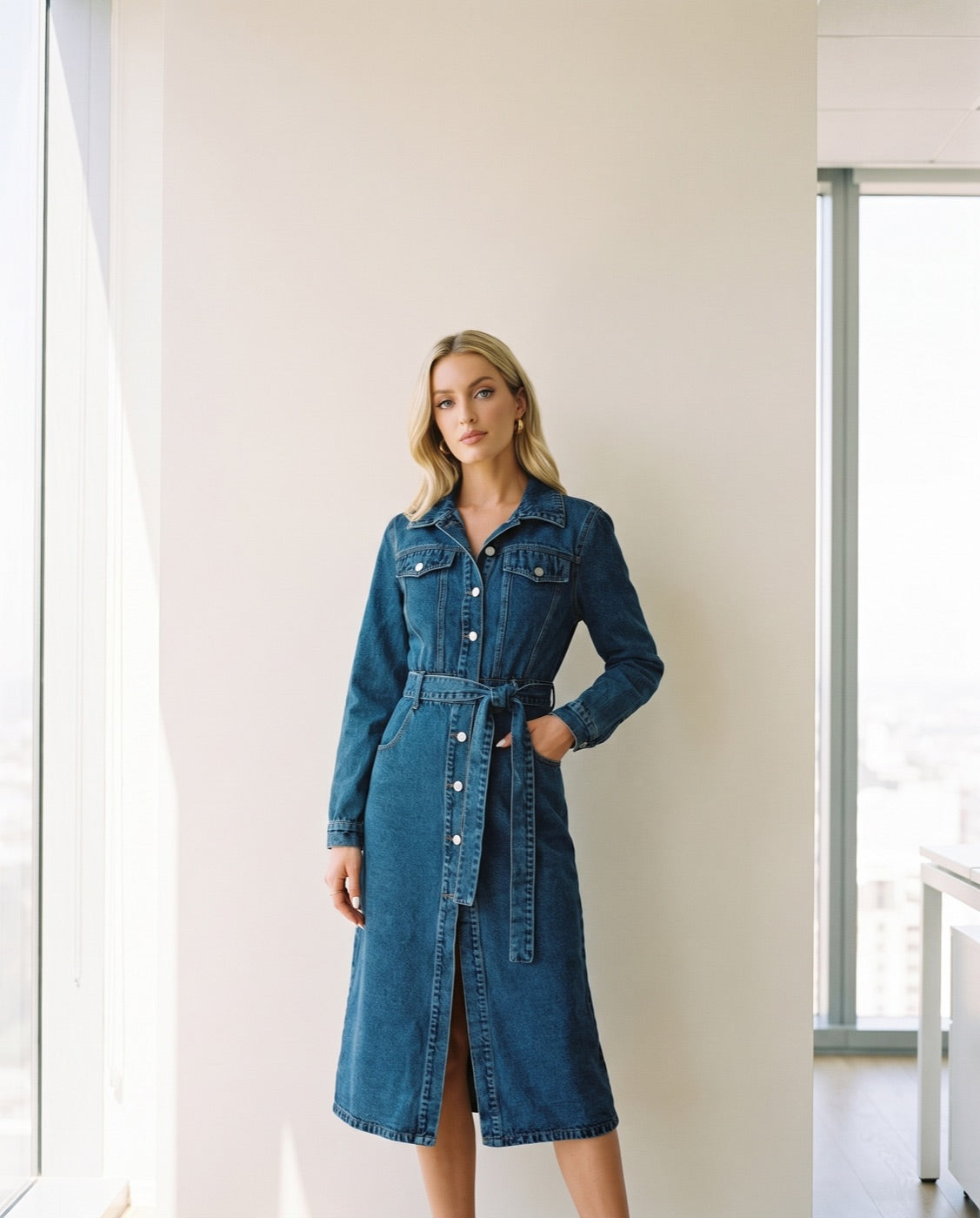 Belted Long Sleeve Denim Dress