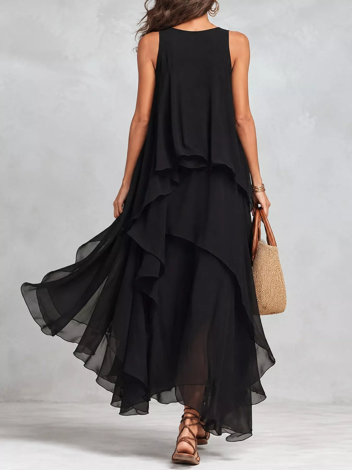 Ruffled Round-Neck Sleeveless Maxi Dress