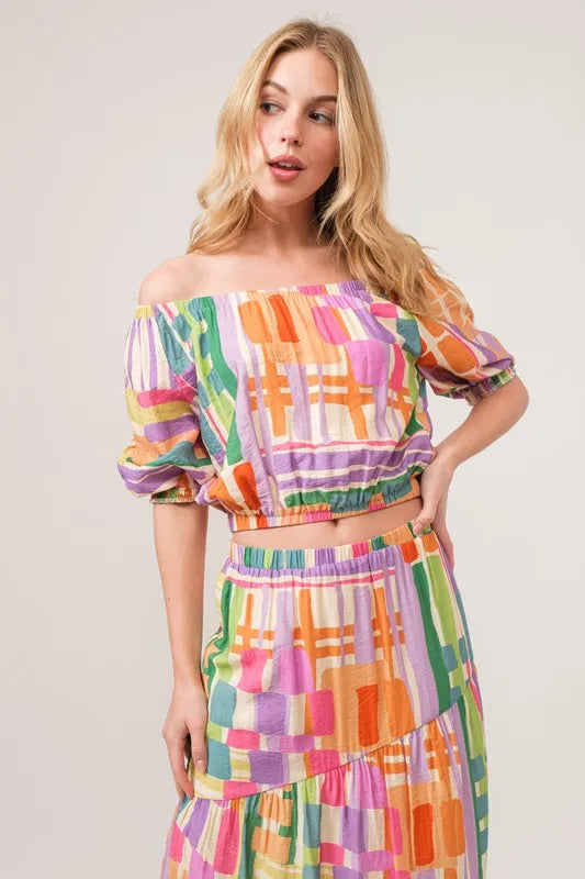 And The Why Geo Print Puff Sleeve Crop Top in Multi