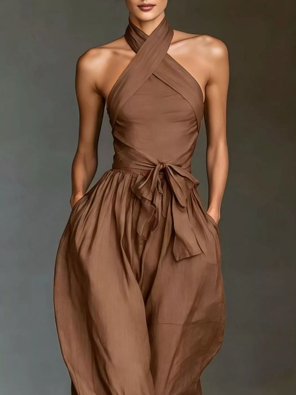 Halter Neck Wide-Leg Jumpsuit with Waist-Tie Detail