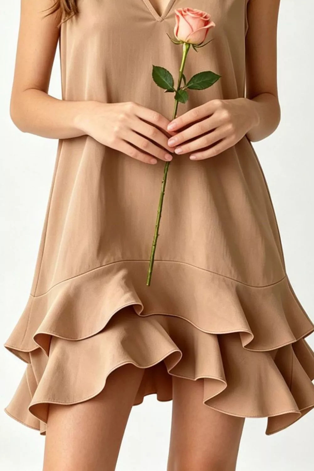 Sleeveless V-Neck Ruffle Hem Mini Dress in Taupe