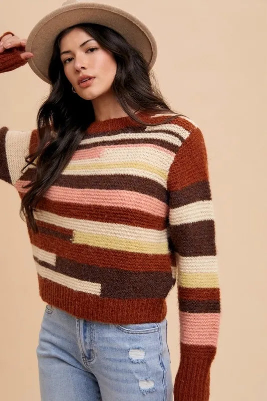 Annie Wear Color Block Round Neck Sweater in Chocolate Multicolor
