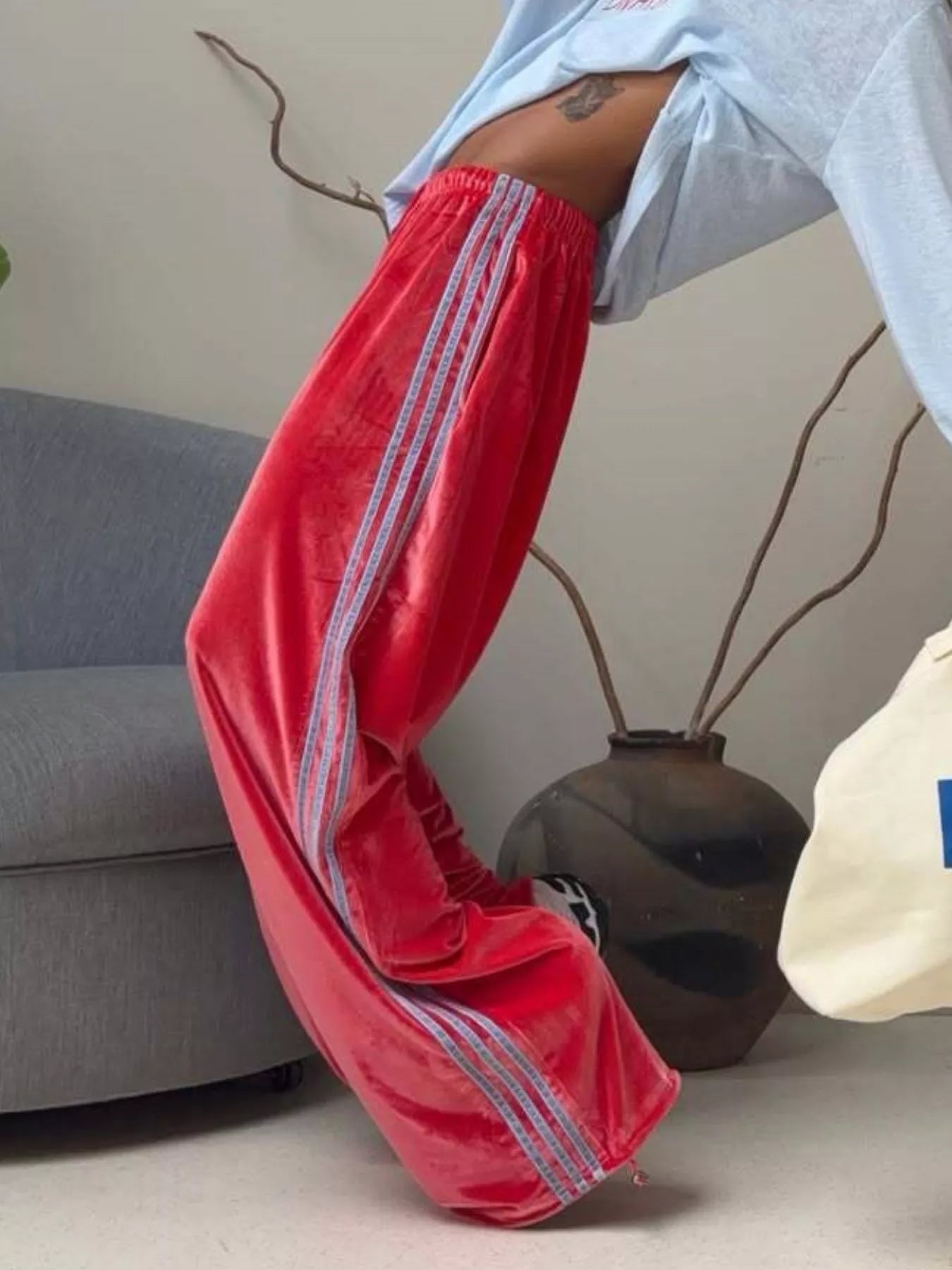 Velvet Wide-Leg Drawstring Pants