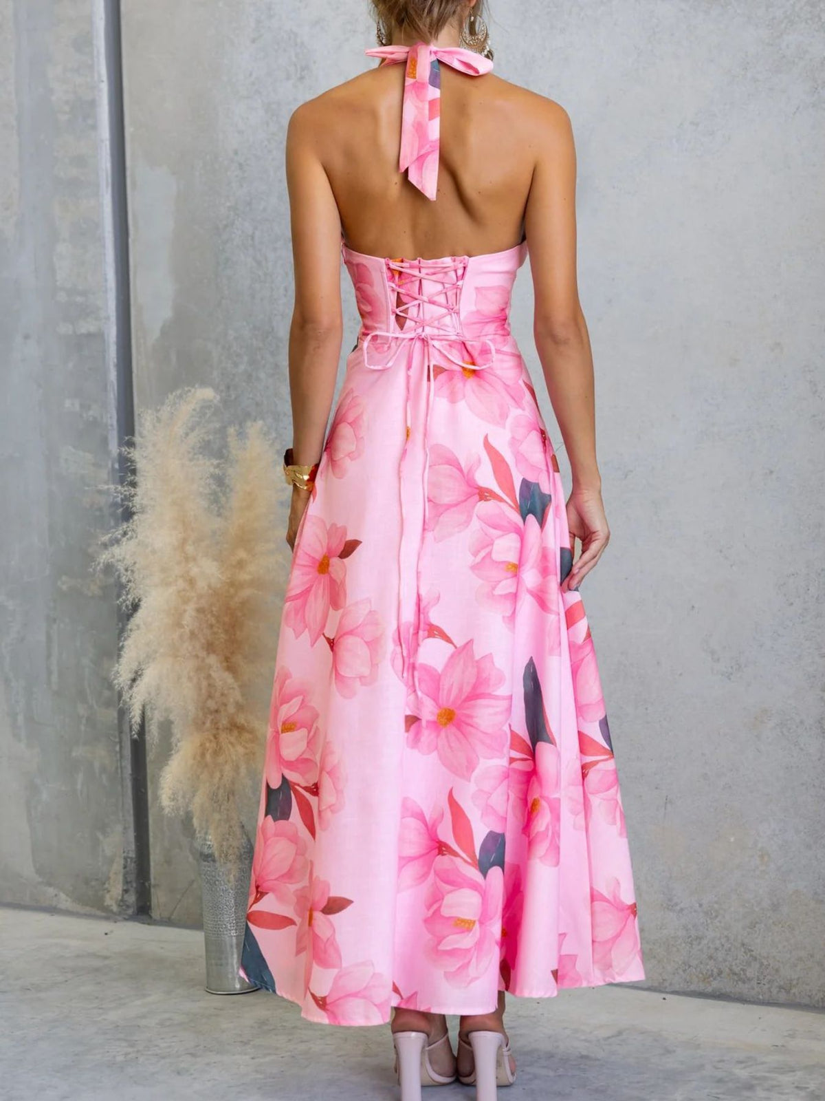 Floral Print Lace-Up Halter Maxi Dress