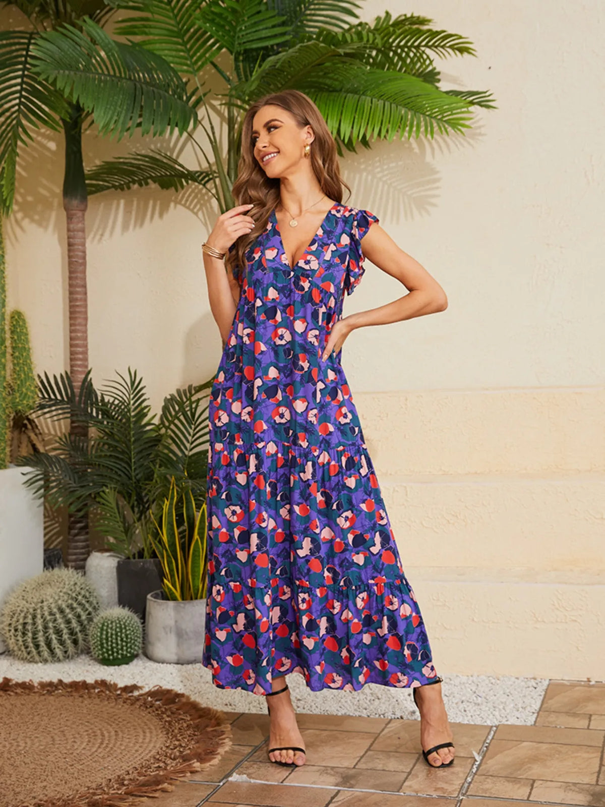 Floral V-Neck Cap Sleeve Summer Dress by Elaine