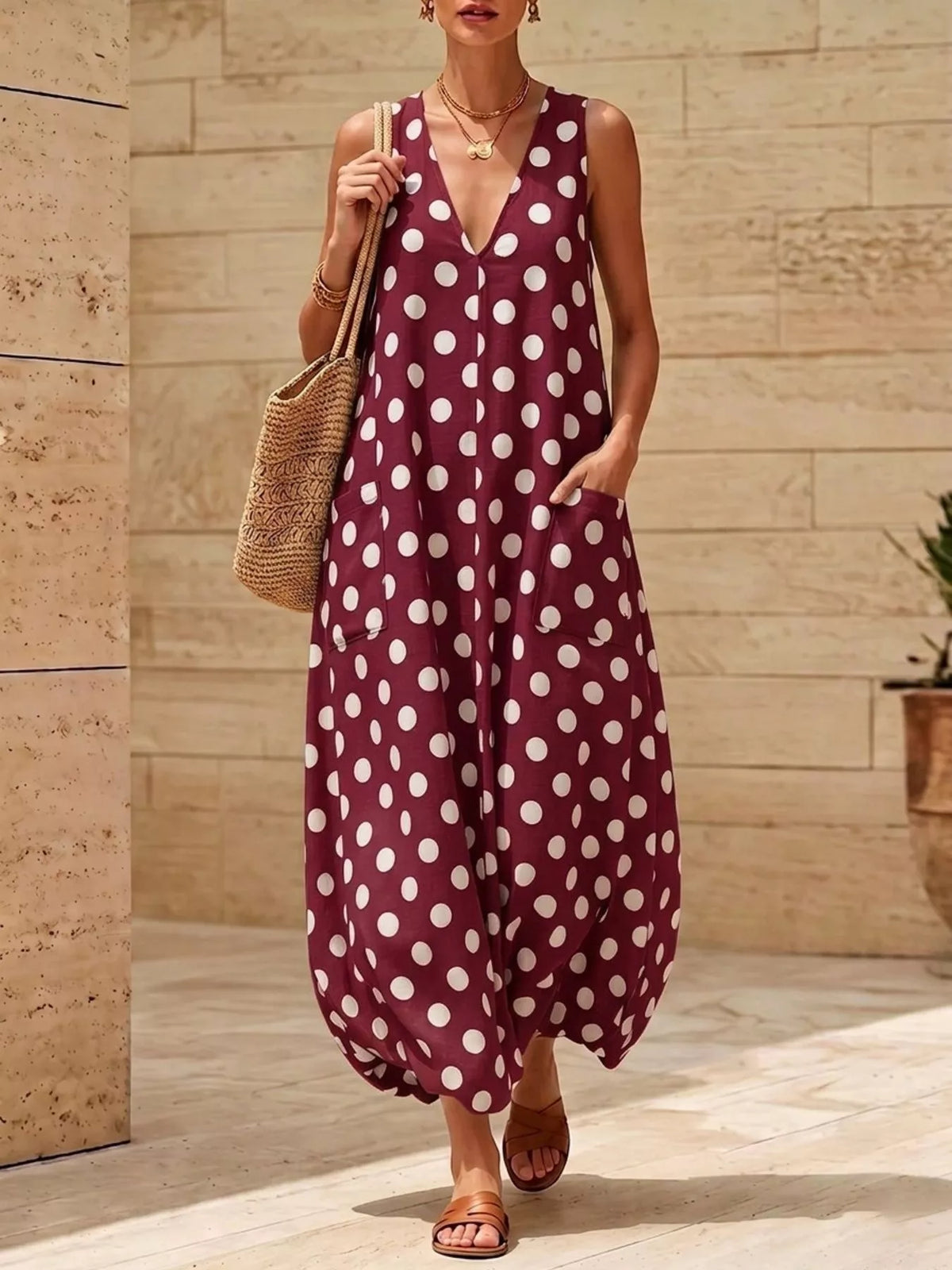 Polka Dot V-Neck Maxi Dress