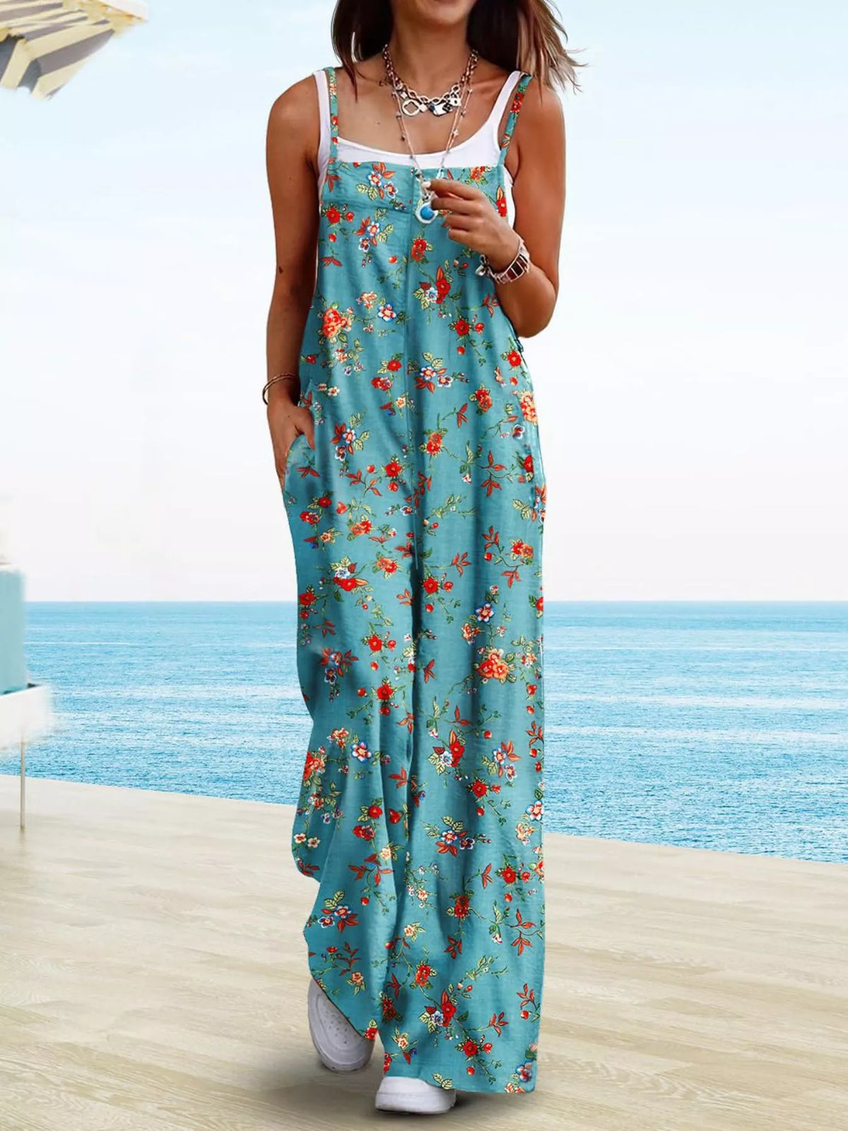 Floral Print Wide-Leg Spaghetti Strap Overalls