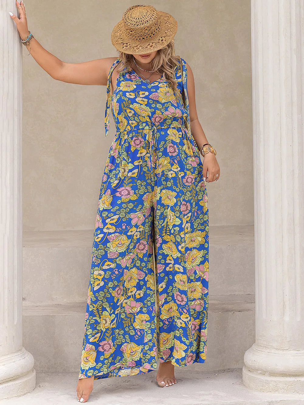 Plus Size Printed V-Neck Jumpsuit in Blue