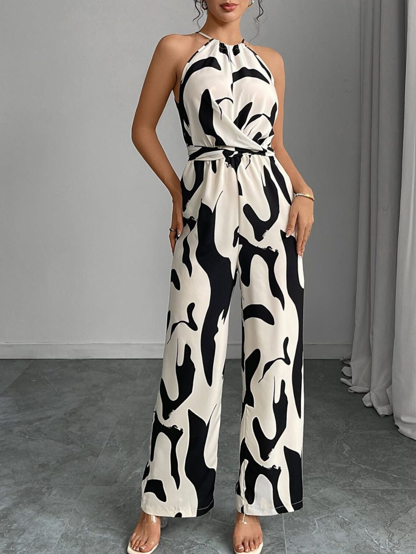 Abstract Print Wide-Leg Jumpsuit in Black