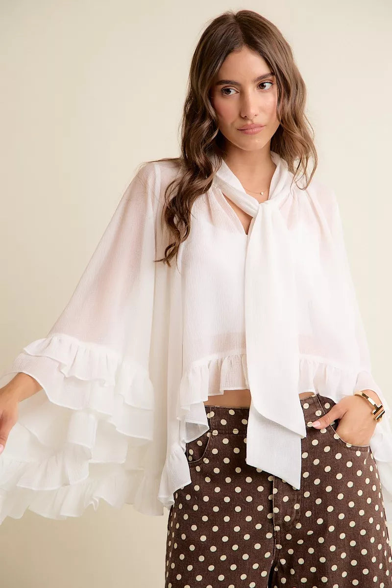 So Me Sheer Ruffle Bell-Sleeve Blouse in White