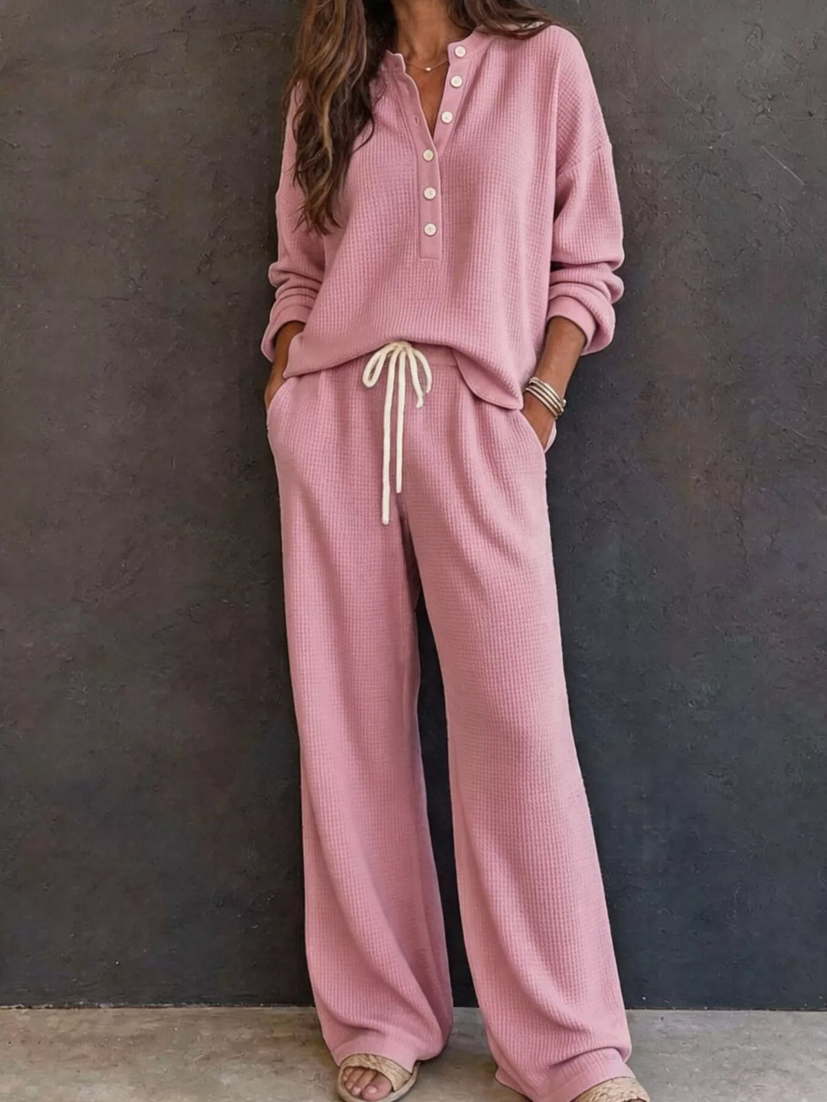 Waffle-Knit Button Detail Top and Pants Set