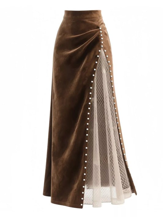 Pearl Trim Slit Maxi Skirt in Dark Brown