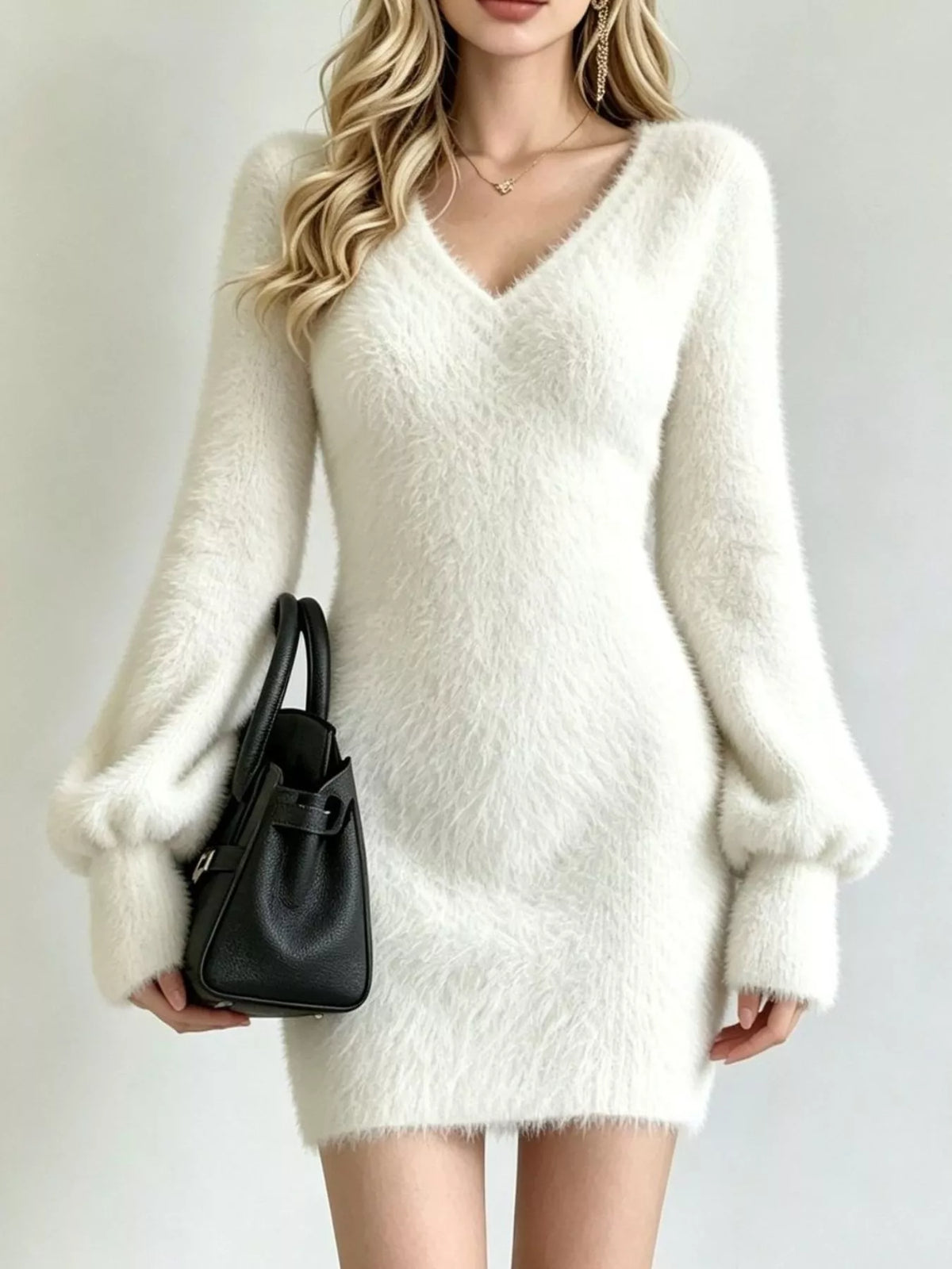 Fuzzy V-Neck Long Sleeve Sweater Dress