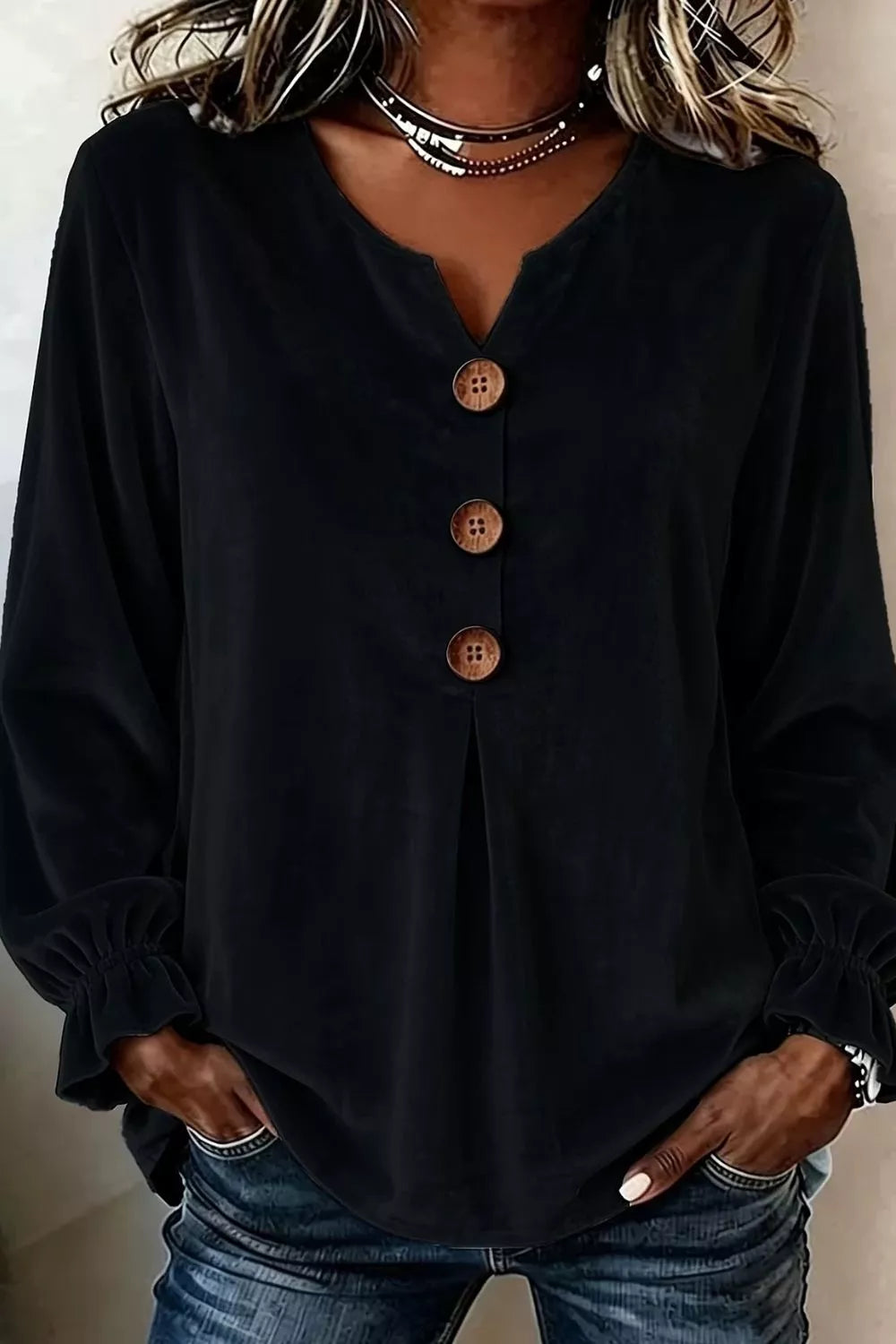 Velvet Button Decor Blouse with Ruffled Cuffs