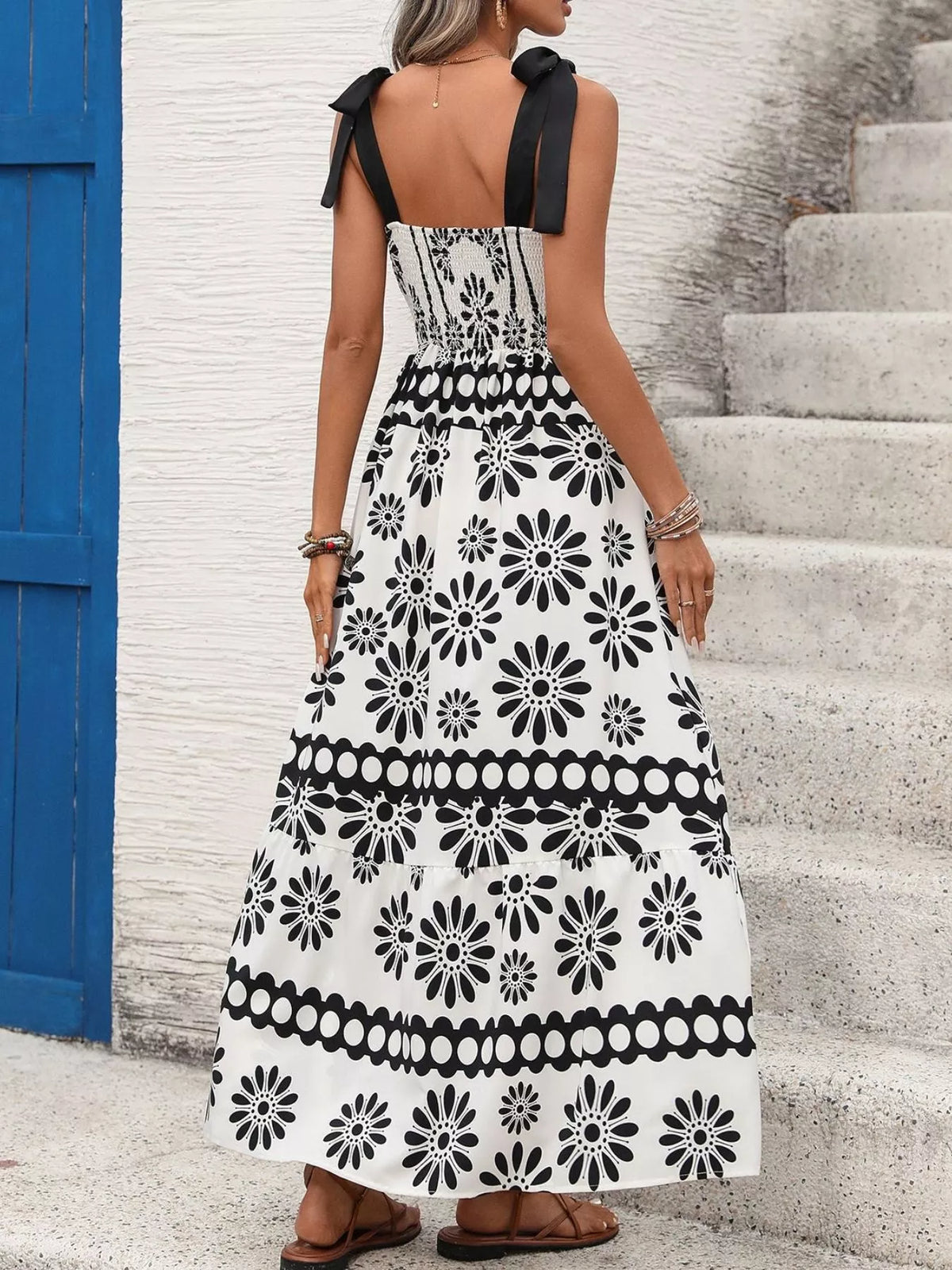 Floral Tie Strap Maxi Dress in Black