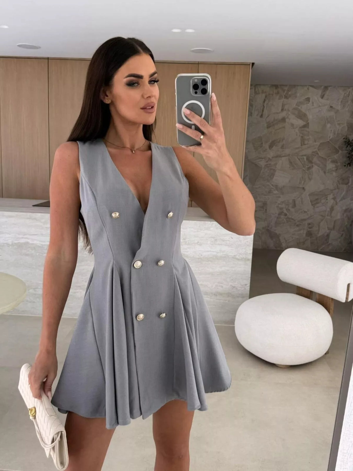 Double-Breasted V-Neck Pleated Mini Dress