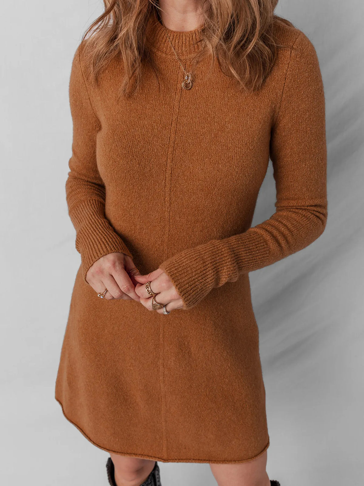 Ribbed Mini Sweater Dress in Caramel