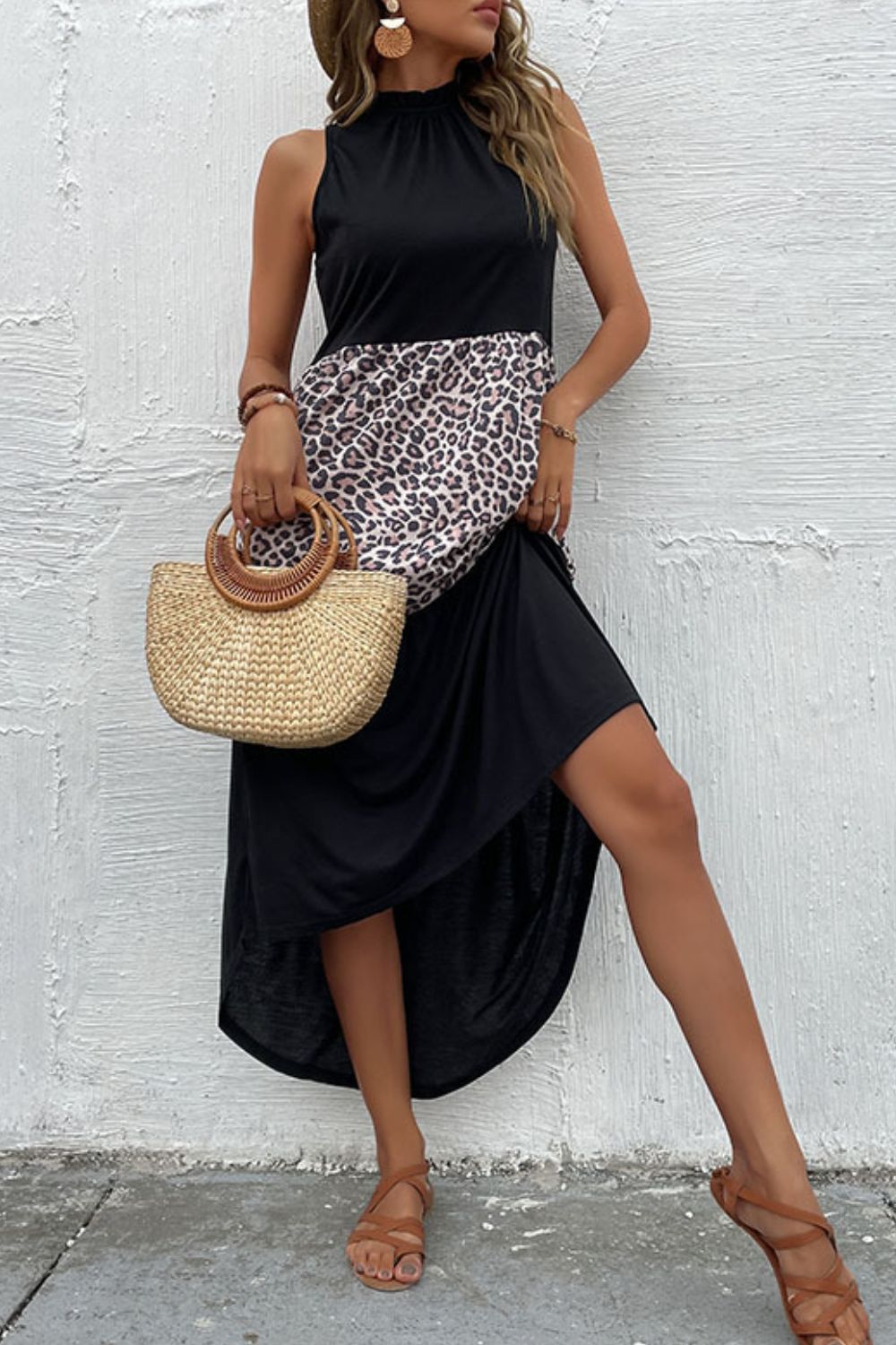 Leopard Contrast Maxi Dress in Black in Black/Leopard