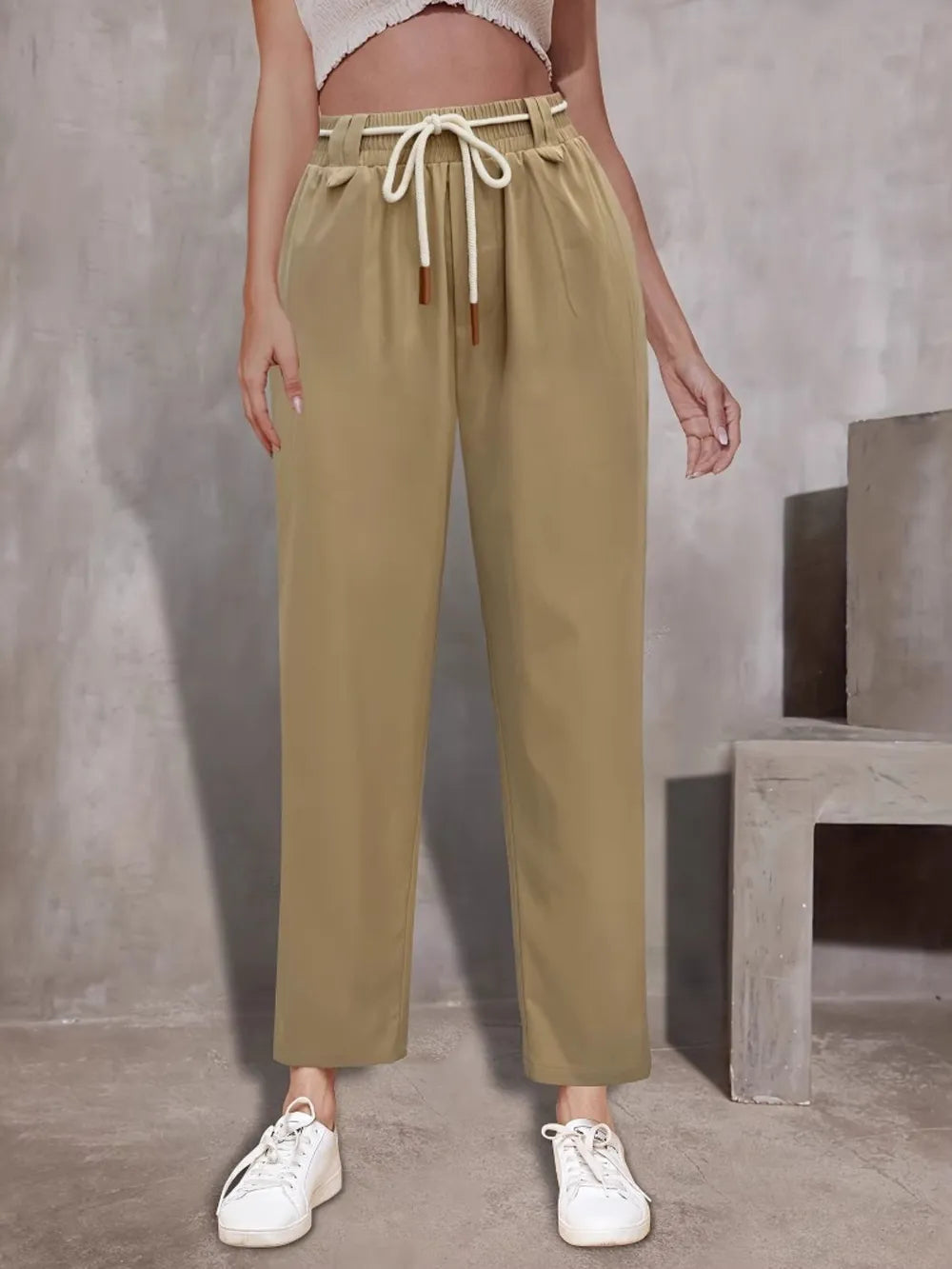 Tie Waist Straight Leg Pants in Khaki