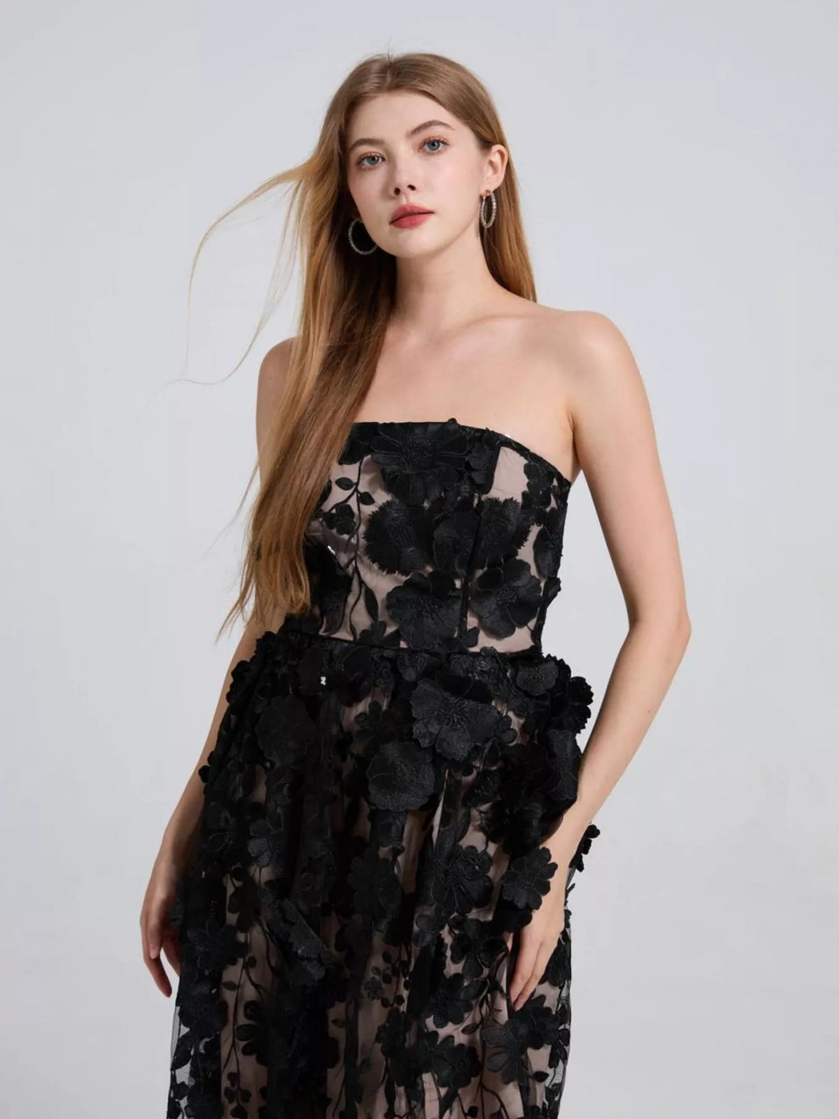 Floral Applique Strapless Midi Dress, Lined