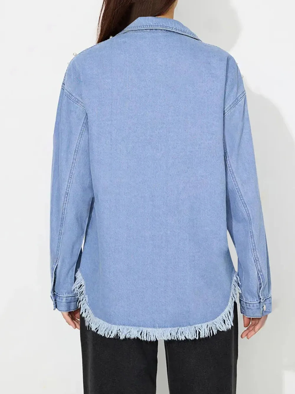 Pearl Trim Collared Denim Top