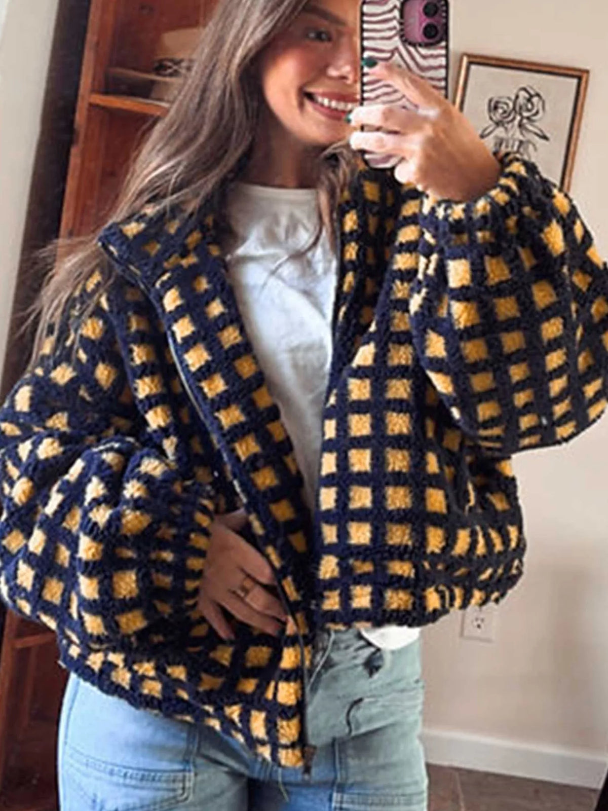 Plaid Sherpa Fleece Zip-Up Jacket in Black