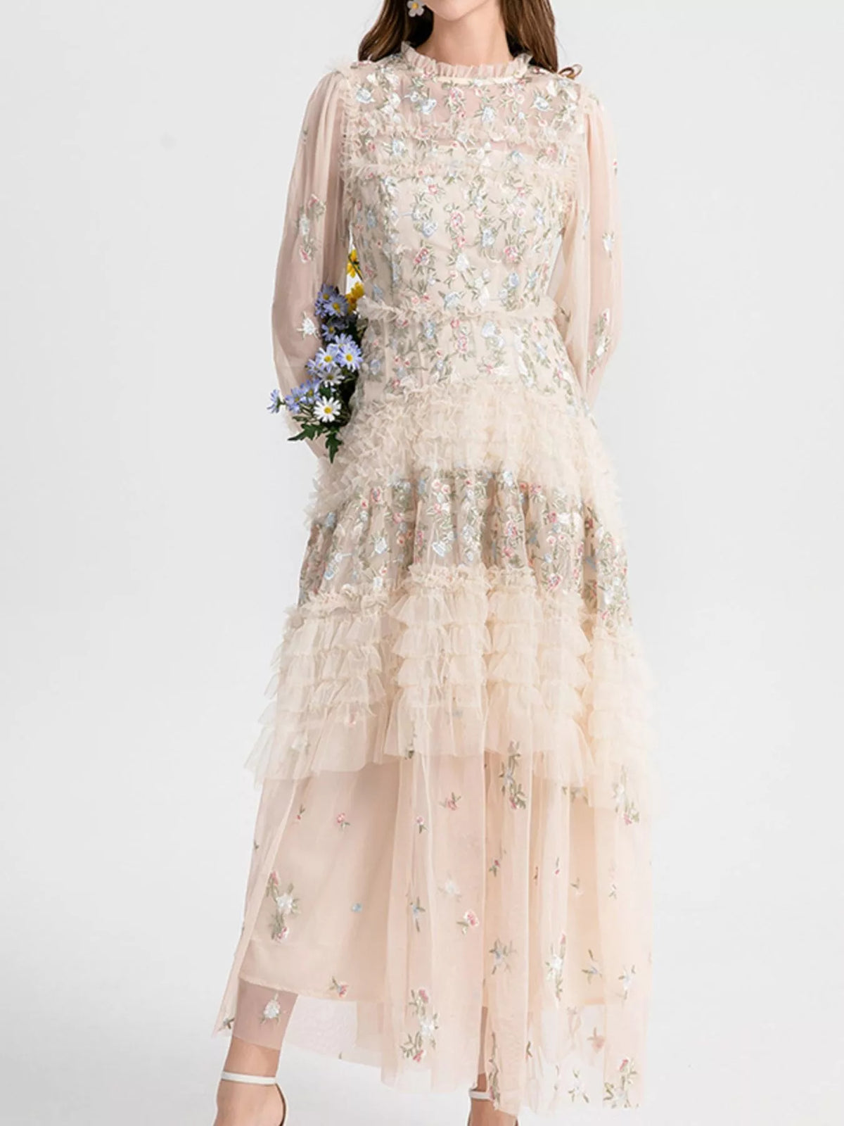 Floral Tulle Layered Maxi Dress in Apricot