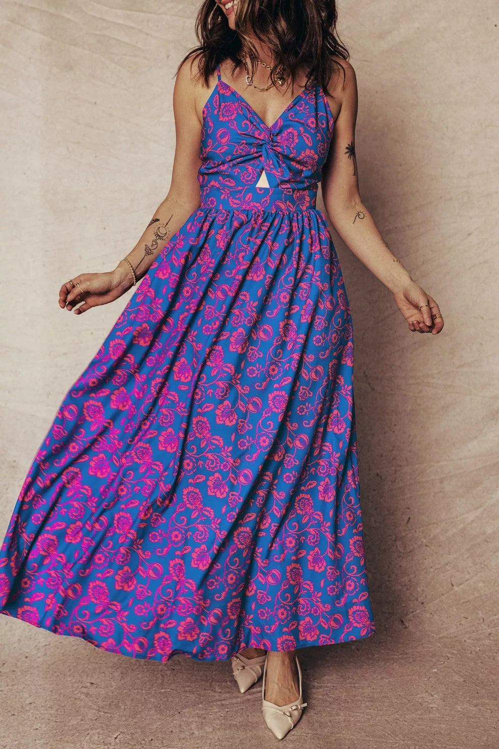 Floral Twisted V-Neck Backless Maxi Dress in Purple