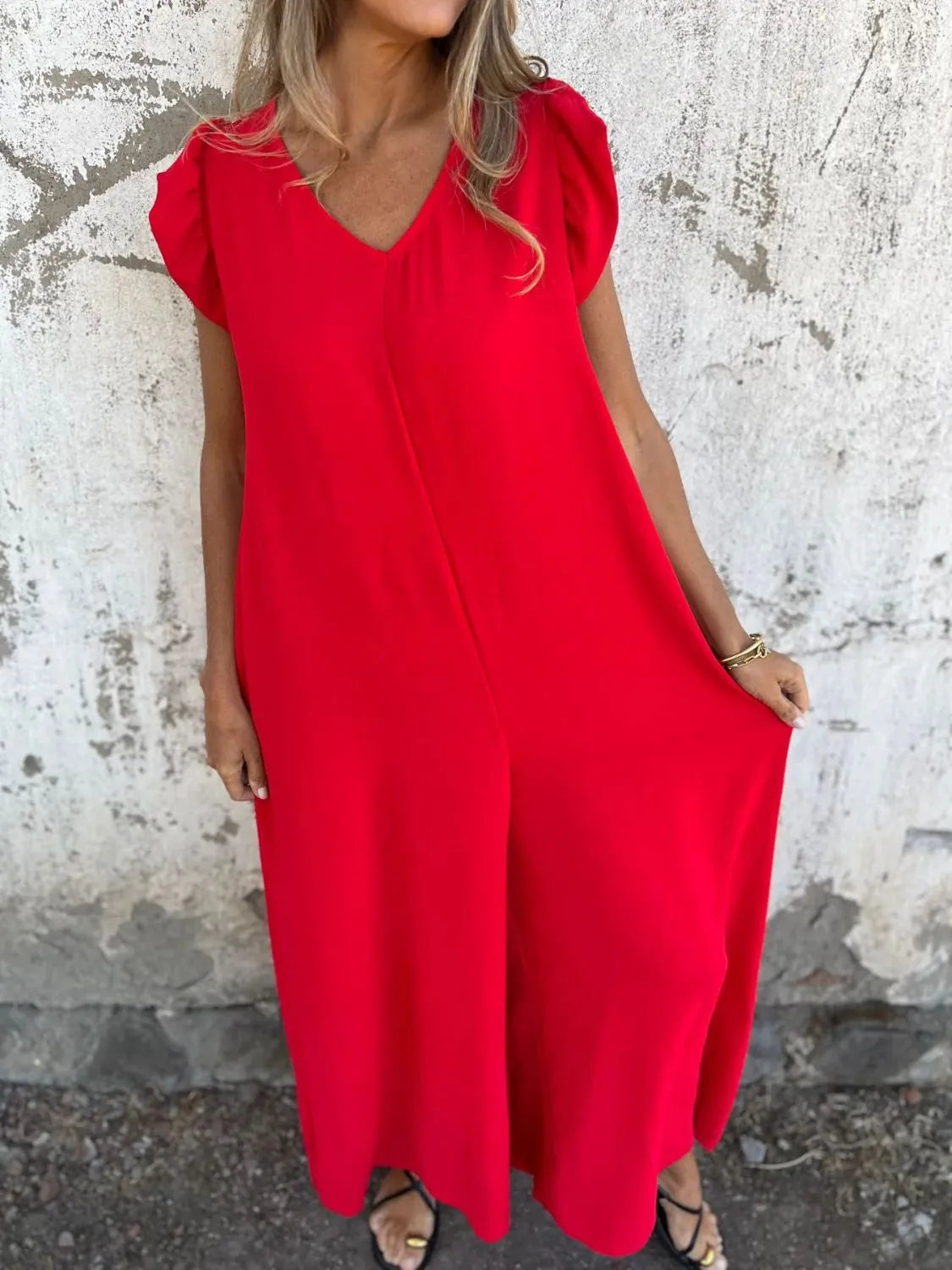 V-Neck Cap Sleeve Wide Leg Jumpsuit