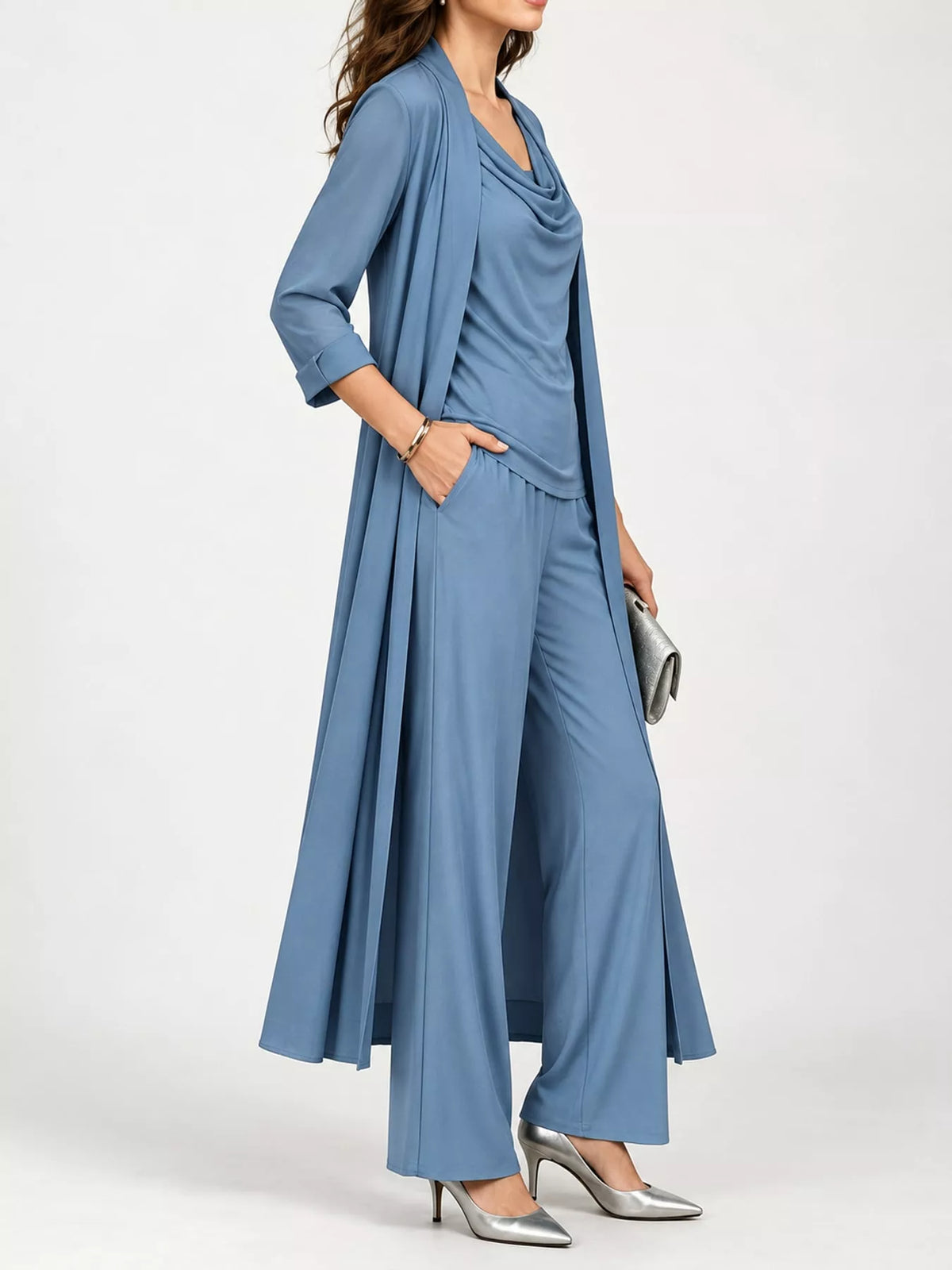 Cowl Neck Top, Cardigan and Pants Set