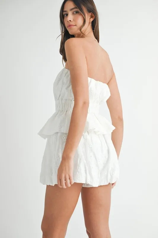 Floral Eyelet Lace Tube Top and Shorts Set in Off White