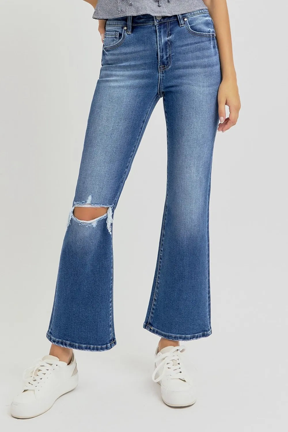 Risen High Rise Distressed Crop Flare Jeans in Dark